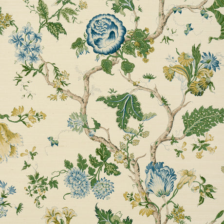 Josephine Sisal wallpaper in Peacock by Schumacher, featuring a midscale tree of life floral pattern in blue, green, and yellow on a textured sisal background.
