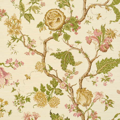 Josephine Sisal wallpaper in Citron by Schumacher, featuring a midscale tree of life pattern with stylized flowers on a textured sisal background.