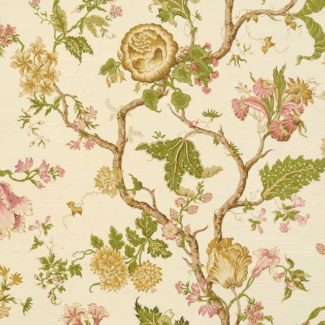 Josephine Sisal wallpaper in Citron by Schumacher, featuring a midscale tree of life pattern with stylized flowers on a textured sisal background.