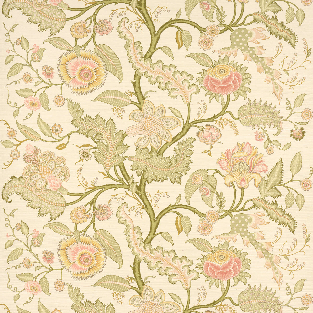 Sinhala Sisal wallpaper in pink and green, featuring a traditional tree of life floral pattern by Martyn Lawrence Bullard for Schumacher.