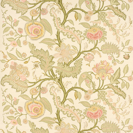 Sinhala Sisal wallpaper in pink and green, featuring a traditional tree of life floral pattern by Martyn Lawrence Bullard for Schumacher.