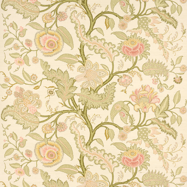 Sinhala Sisal wallpaper in pink and green, featuring a traditional tree of life floral pattern by Martyn Lawrence Bullard for Schumacher.