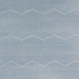 Rivet Stripe Sisal wallpaper in Chambray by Schumacher, featuring a horizontal chevron stripe of delicate dots on a textured blue sisal background.