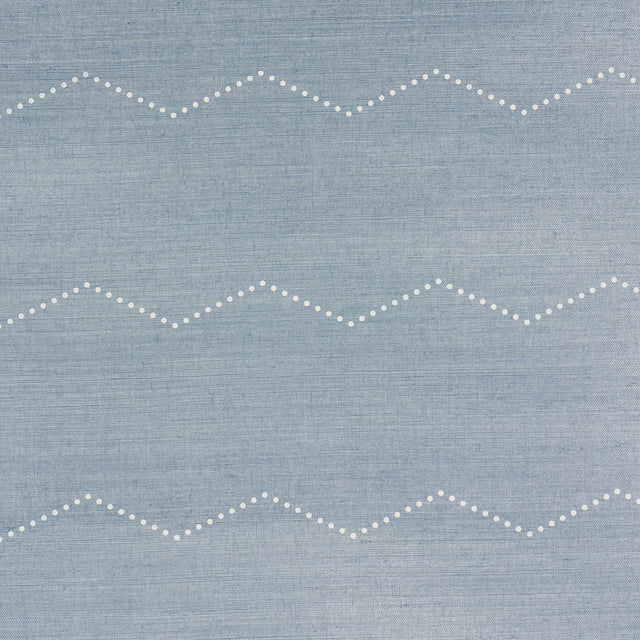 Rivet Stripe Sisal wallpaper in Chambray by Schumacher, featuring a horizontal chevron stripe of delicate dots on a textured blue sisal background.