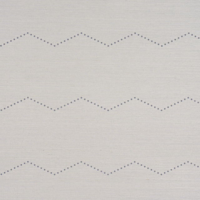 Rivet Stripe Sisal wallpaper in Dove by Schumacher, featuring a horizontal chevron stripe pattern formed by delicate dots on a textured sisal background.