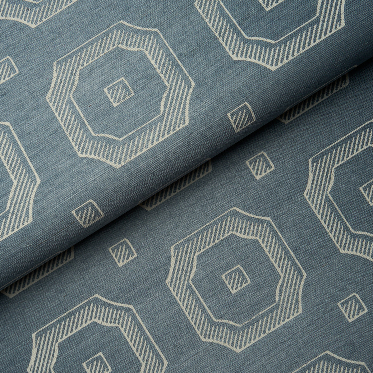 Beveled Frame Sisal wallpaper in Denim by Schumacher, featuring a modern trompe l'oeil panel motif on textured sisal.