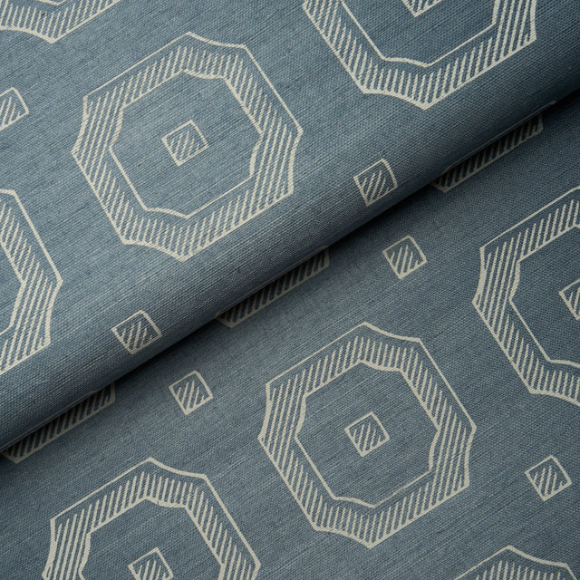 Beveled Frame Sisal wallpaper in Denim by Schumacher, featuring a modern trompe l'oeil panel motif on textured sisal.