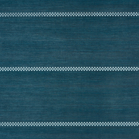 Checkered Stripe Sisal wallpaper in Peacock by Schumacher, a hand-printed, textural horizontal stripe wallcovering with a checkered motif.
