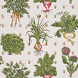 Green Grocer wallpaper by Schumacher featuring leafy vegetables and radishes in a playful, colorful design.