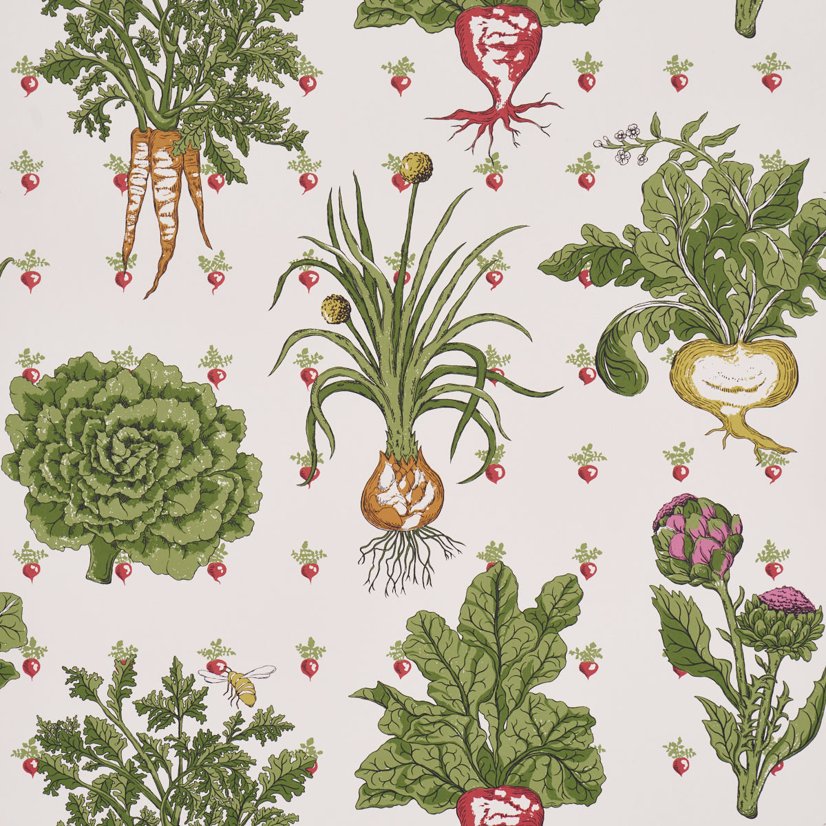 Green Grocer wallpaper by Schumacher featuring leafy vegetables and radishes in a playful, colorful design.