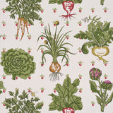 Green Grocer wallpaper by Schumacher featuring leafy vegetables and radishes in a playful, colorful design.