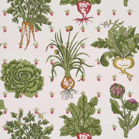 Green Grocer wallpaper by Schumacher featuring leafy vegetables and radishes in a playful, colorful design.