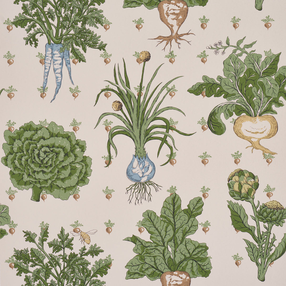 Green Grocer wallpaper by Schumacher featuring leafy vegetables and radishes on a parchment background, perfect for kitchens and pantries.