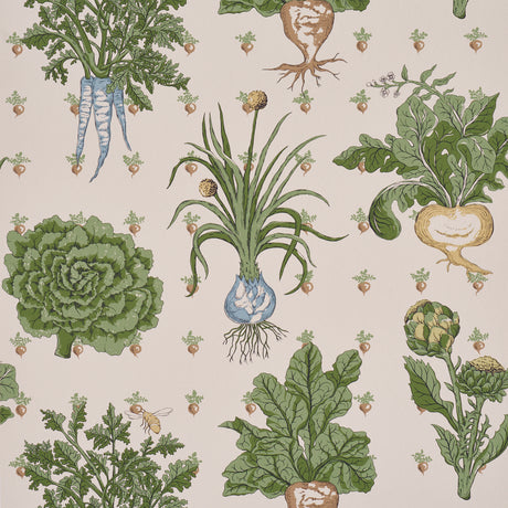 Green Grocer wallpaper by Schumacher featuring leafy vegetables and radishes on a parchment background, perfect for kitchens and pantries.