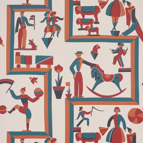 VALLY CIRCUS wallpaper by Schumacher features a playful, geometric circus-themed pattern in a multi-colorway, inspired by a 1929 design by Vally Wieselthier.