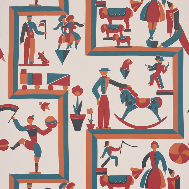 VALLY CIRCUS wallpaper by Schumacher features a playful, geometric circus-themed pattern in a multi-colorway, inspired by a 1929 design by Vally Wieselthier.