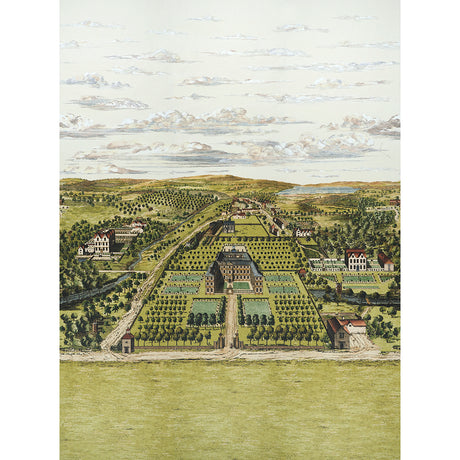 Mr. Darcy 3 Panel Set scenic wallpaper mural in Pemberley Green by Johnson Hartig for Schumacher, featuring a detailed English countryside estate.