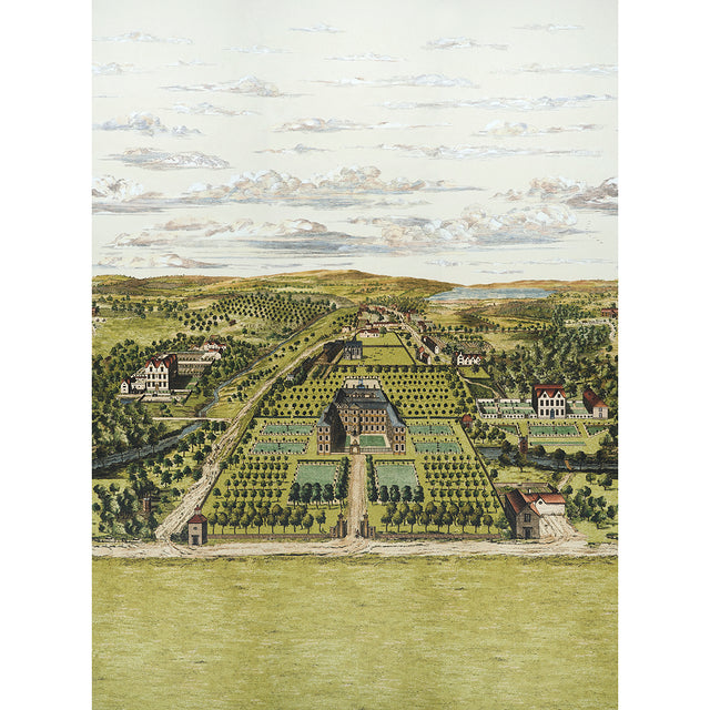 Mr. Darcy 3 Panel Set scenic wallpaper mural in Pemberley Green by Johnson Hartig for Schumacher, featuring a detailed English countryside estate.