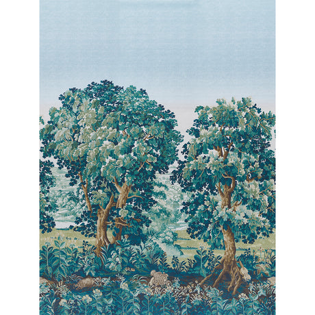 La Forêt 3 Panel Set scenic wallpaper mural in autumn green forest by Johnson Hartig for Schumacher, inspired by 17th-century Flemish tapestries, featuring lush trees and whimsical details.
