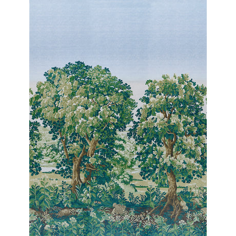 La Forêt 3 Panel Set wallpaper by Johnson Hartig for Schumacher, featuring a lush scenic forest design in spring green tones inspired by 17th-century Flemish tapestries.