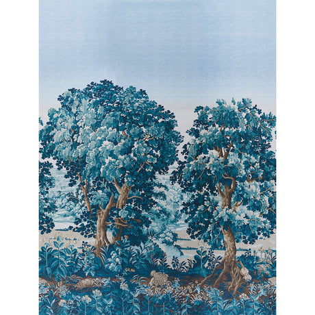 La Forêt 3 Panel Set wallpaper in antique blue forest, a lush scenic mural inspired by 17th-century Flemish tapestries, designed by Johnson Hartig for Schumacher.