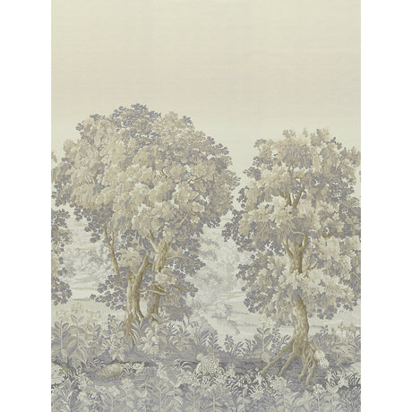 La Forêt 3 Panel Set scenic wallpaper in Oyster Forest by Johnson Hartig for Schumacher, featuring lush trees and whimsical details.