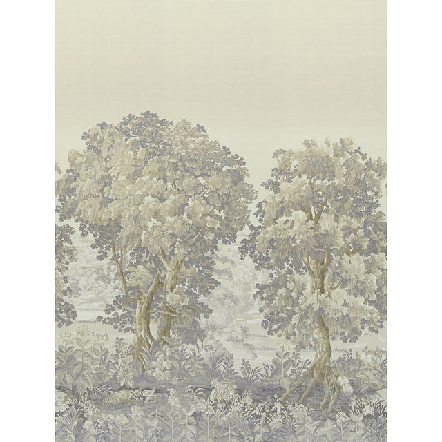 La Forêt 3 Panel Set scenic wallpaper in Oyster Forest by Johnson Hartig for Schumacher, featuring lush trees and whimsical details.