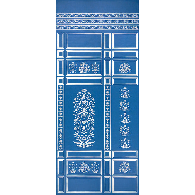 Palladio Mughal Two Panel Set wallpaper in blue by Marie-Anne Oudejans for Schumacher, featuring Mughal-inspired floral and architectural motifs.