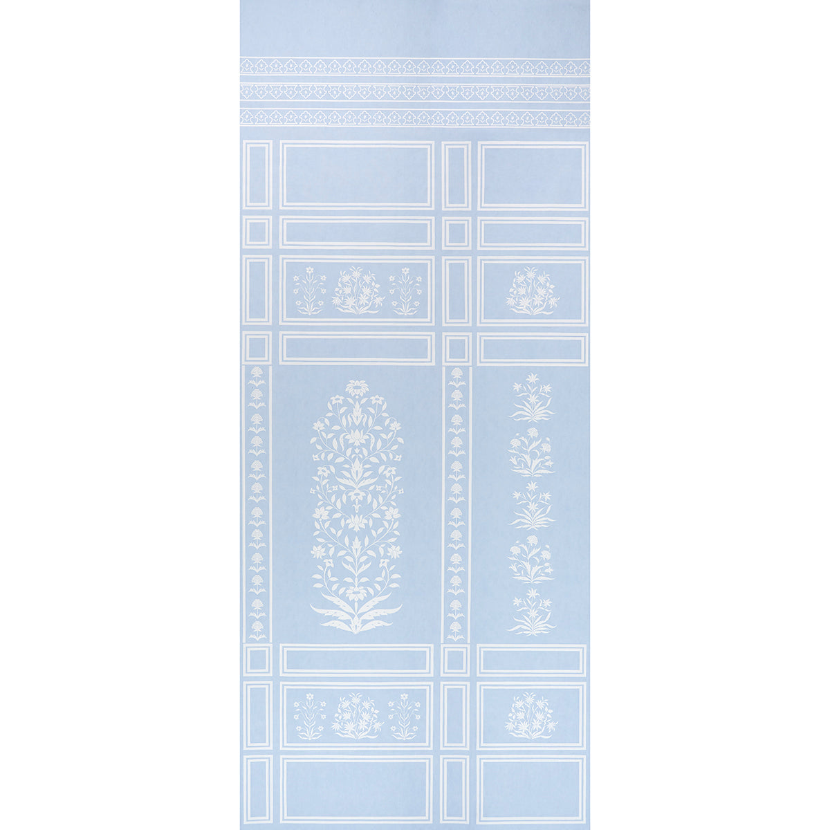 Palladio Mughal Two Panel Set wallpaper in sky blue by Marie-Anne Oudejans for Schumacher, featuring Mughal-inspired floral and architectural motifs.