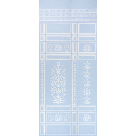 Palladio Mughal Two Panel Set wallpaper in sky blue by Marie-Anne Oudejans for Schumacher, featuring Mughal-inspired floral and architectural motifs.