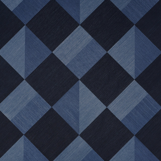 Maestro Formentera by Backdrop, a multidirectional diamond pattern wallpaper in blue tones with a textural, parquet-inspired design.