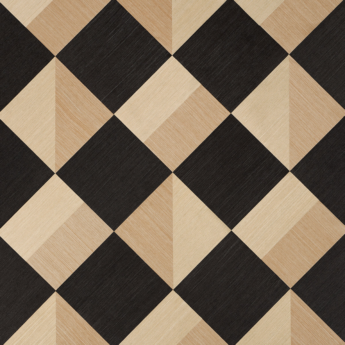 Backdrop Maestro wallpaper in Dark Arts, a textural diamond pattern with parquet-inspired geometric design in natural sisal tones.