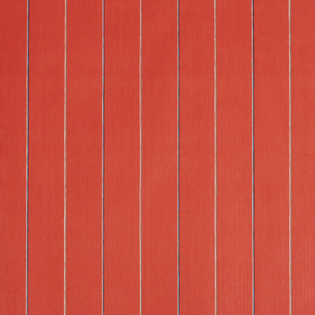 Draper Stripe wallpaper in Bada Bing! by Schumacher, featuring vertical multicolor pinstripes on a textured red background.
