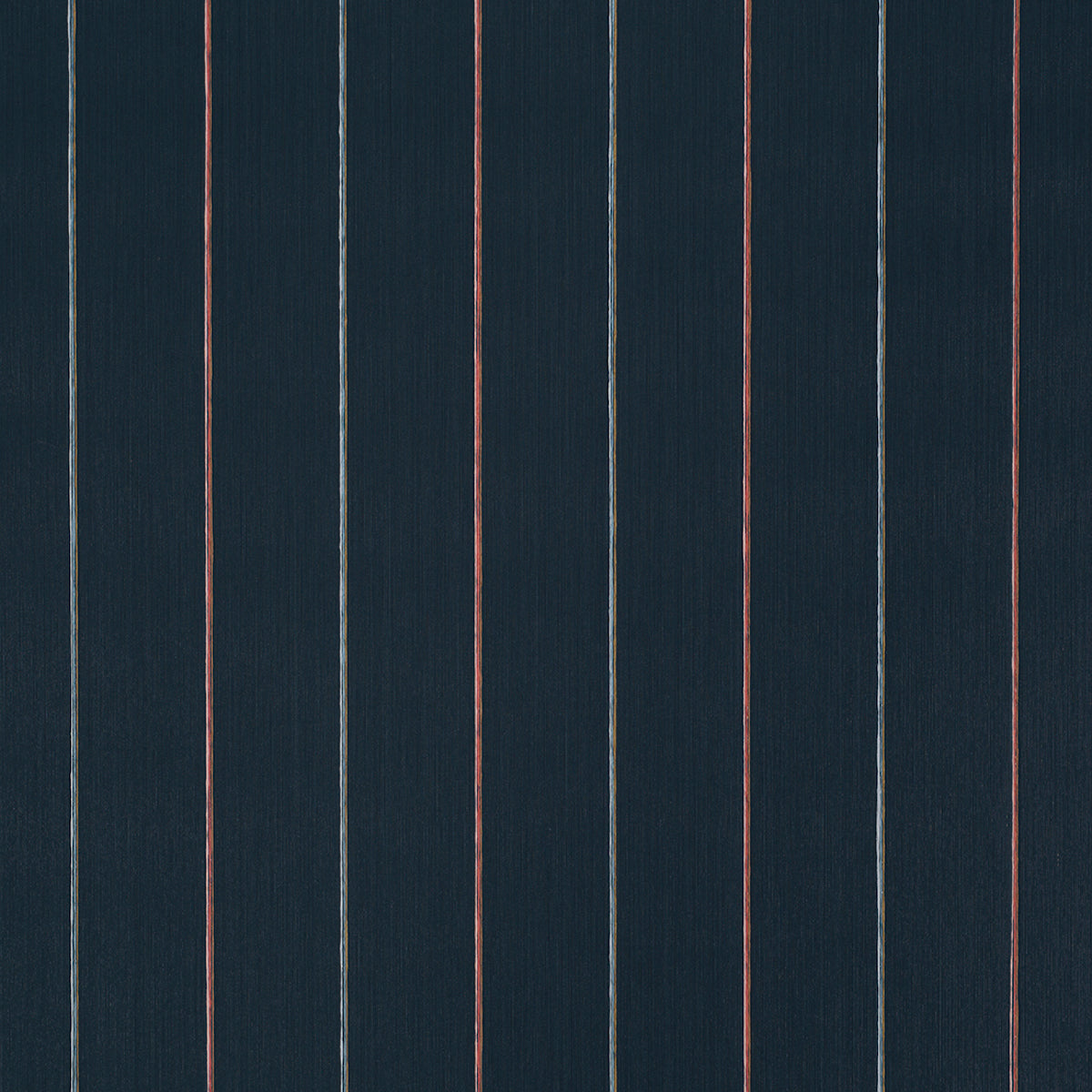 Draper Stripe wallpaper in Surf Camp by Backdrop for Schumacher, featuring multicolor vertical pinstripes on a dark ground.