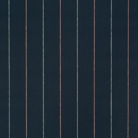 Draper Stripe wallpaper in Surf Camp by Backdrop for Schumacher, featuring multicolor vertical pinstripes on a dark ground.