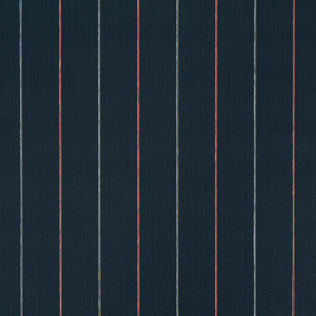 Draper Stripe wallpaper in Surf Camp by Backdrop for Schumacher, featuring multicolor vertical pinstripes on a dark ground.
