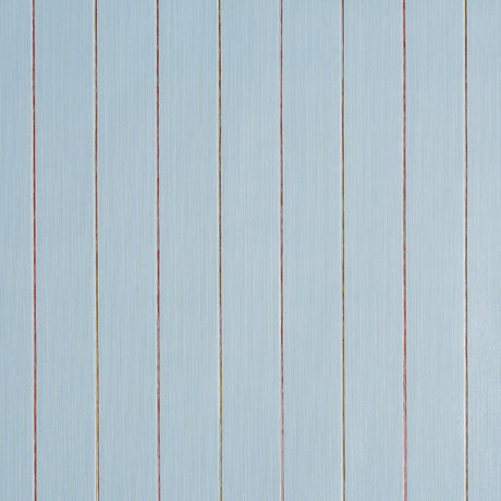 Draper Stripe wallpaper in The Early Stuff colorway by Schumacher, featuring vertical multicolor pinstripes on a textured background.
