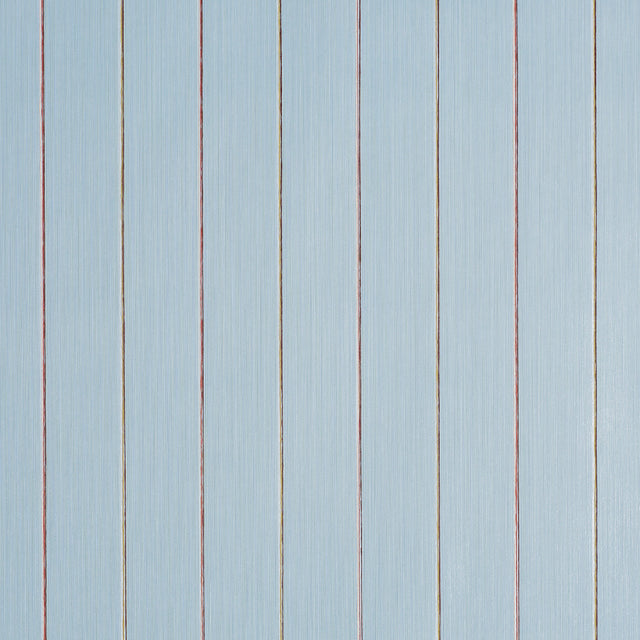 Draper Stripe wallpaper in The Early Stuff colorway by Schumacher, featuring vertical multicolor pinstripes on a textured background.