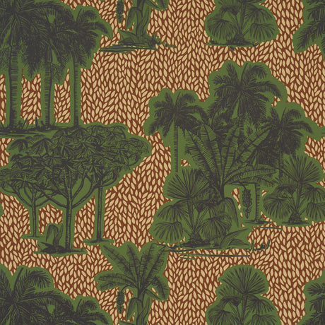 Tropical Safari Print wallpaper in Orinoco Verdant Oasis by Johanna Ortiz for Schumacher, featuring lush green tropical plants on a rhythmic contrasting background.