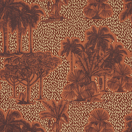Tropical Safari Print wallpaper in Sunset in Los Llanos by Johanna Ortiz for Schumacher, featuring tropical plants and rhythmic contrasting background.