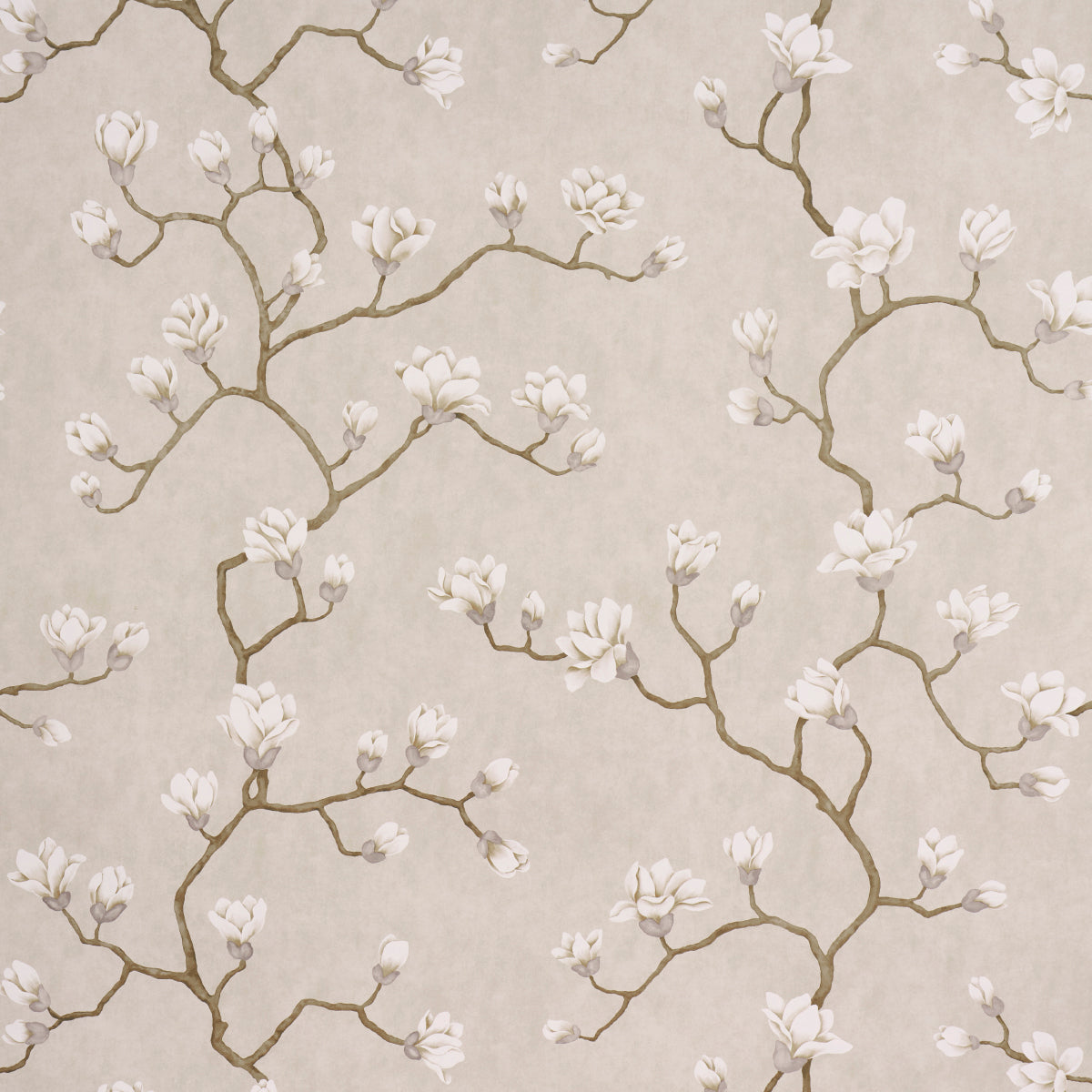 Magnolia Tree wallpaper in Grisaille by Schumacher, featuring large-scale climbing magnolia branches and flowers in a soft neutral palette.