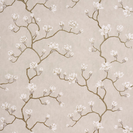 Magnolia Tree wallpaper in Grisaille by Schumacher, featuring large-scale climbing magnolia branches and flowers in a soft neutral palette.