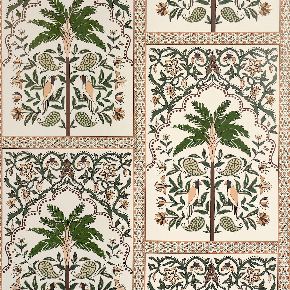 AMAZONAS MYSTIQUE Echoes of the Rainforest wallpaper by Johanna Ortiz for Schumacher, featuring stylized palms, parakeets, and paisley motifs in a decorative grid.