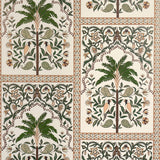 AMAZONAS MYSTIQUE Echoes of the Rainforest wallpaper by Johanna Ortiz for Schumacher, featuring stylized palms, parakeets, and paisley motifs in a decorative grid.