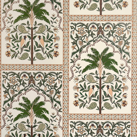 AMAZONAS MYSTIQUE Echoes of the Rainforest wallpaper by Johanna Ortiz for Schumacher, featuring stylized palms, parakeets, and paisley motifs in a decorative grid.