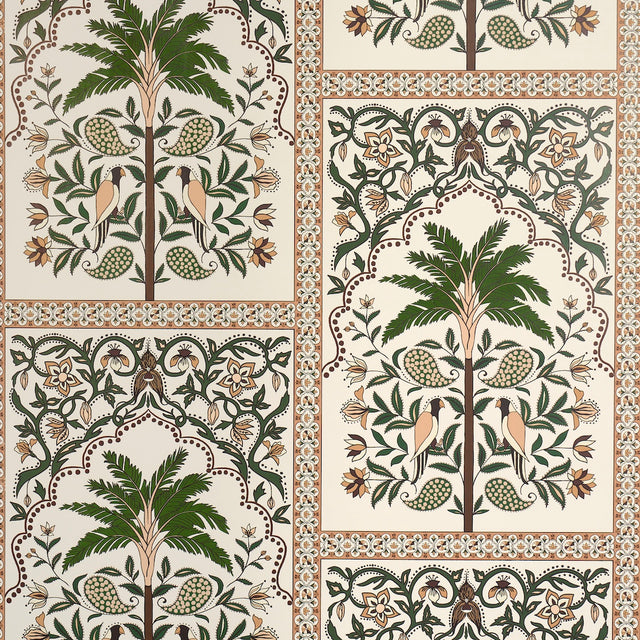 AMAZONAS MYSTIQUE Echoes of the Rainforest wallpaper by Johanna Ortiz for Schumacher, featuring stylized palms, parakeets, and paisley motifs in a decorative grid.