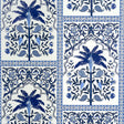 AMAZONAS MYSTIQUE wallpaper by Johanna Ortiz for Schumacher, featuring a tropical blue design with stylized palms, parakeets, and paisleys.