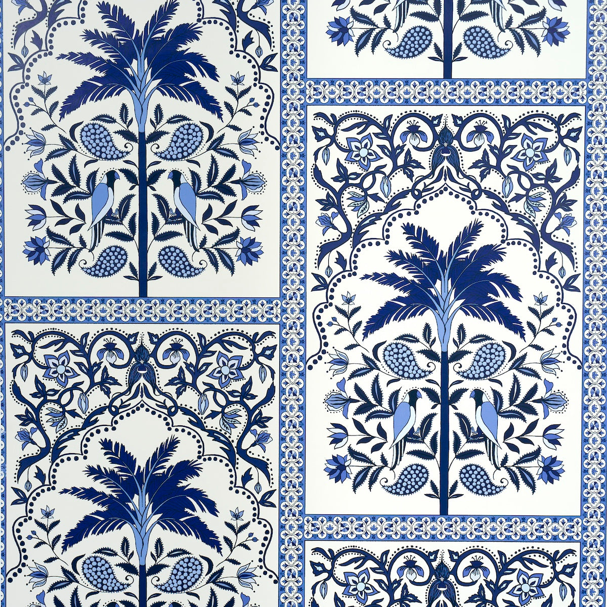 AMAZONAS MYSTIQUE wallpaper by Johanna Ortiz for Schumacher, featuring a tropical blue design with stylized palms, parakeets, and paisleys.