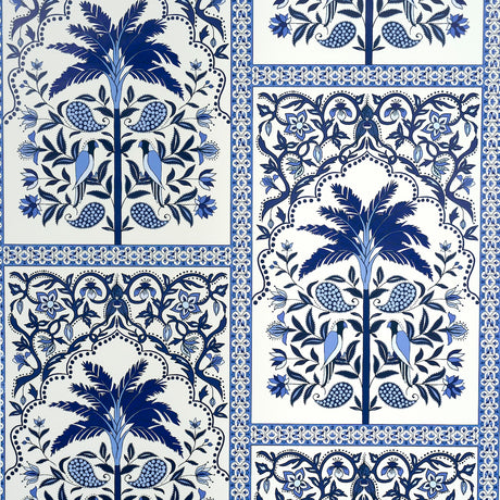AMAZONAS MYSTIQUE wallpaper by Johanna Ortiz for Schumacher, featuring a tropical blue design with stylized palms, parakeets, and paisleys.