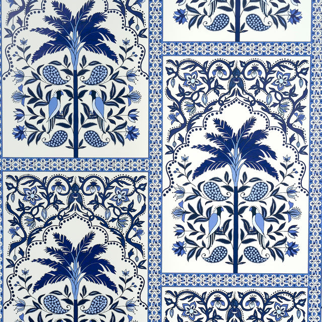 AMAZONAS MYSTIQUE wallpaper by Johanna Ortiz for Schumacher, featuring a tropical blue design with stylized palms, parakeets, and paisleys.